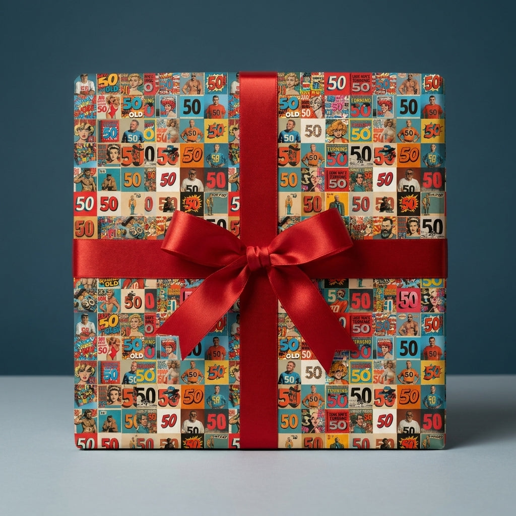 Retro comic book style 50th birthday wrapping paper with a red satin ribbon, by Wrapped Studios.