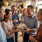 Happy man receiving a gift in colorful retro birthday wrapping paper with a white bow, by Wrapped Studios.