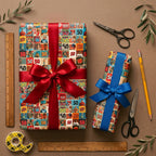 Retro 50th birthday wrapping paper featuring a colorful pop art pattern and ribbons by Wrapped Studios.