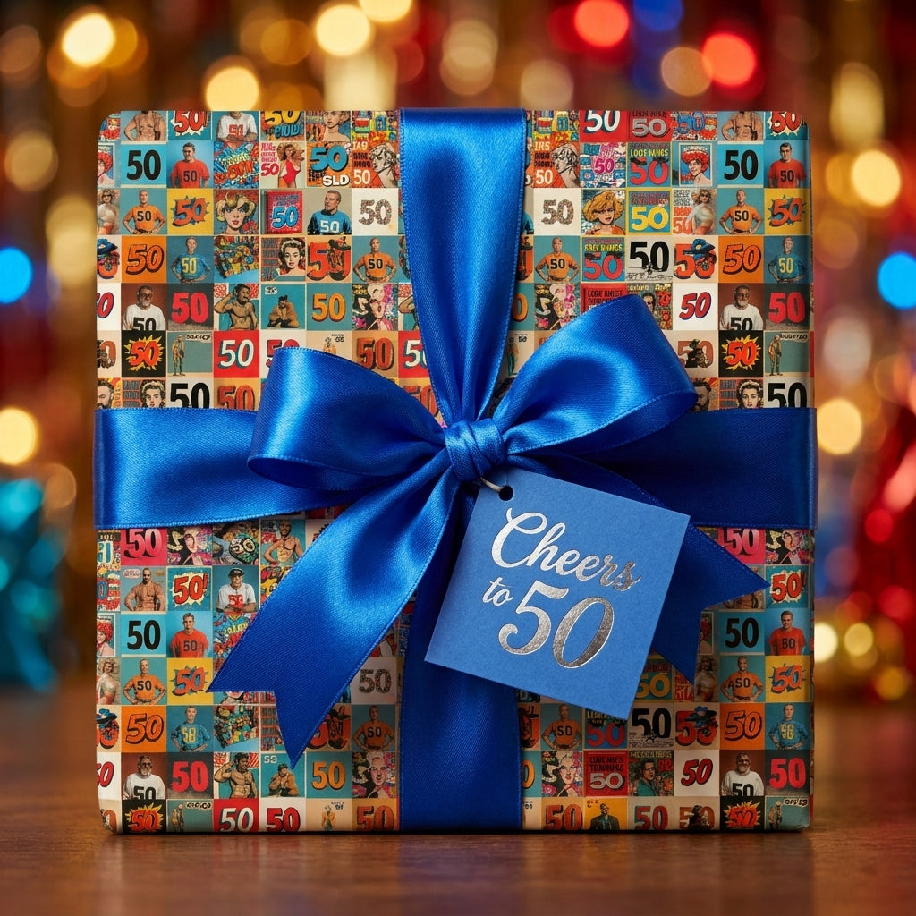 Retro 50th birthday wrapping paper with a royal blue ribbon and Cheers to 50 tag by Wrapped Studios.