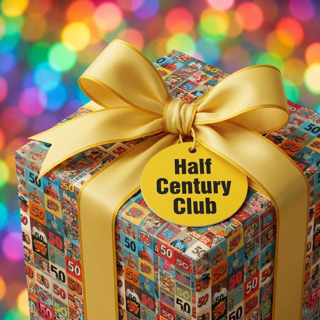 Retro comic 50th birthday wrapping paper with a yellow bow and Half Century Club tag by Wrapped Studios.