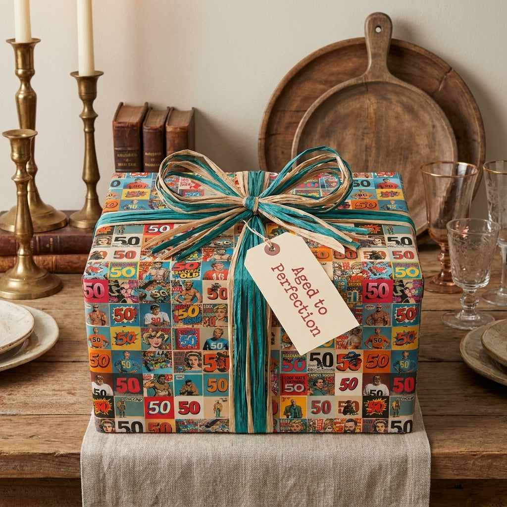 Vintage 50th birthday wrapping paper with retro comic design and raffia bow by Wrapped Studios.