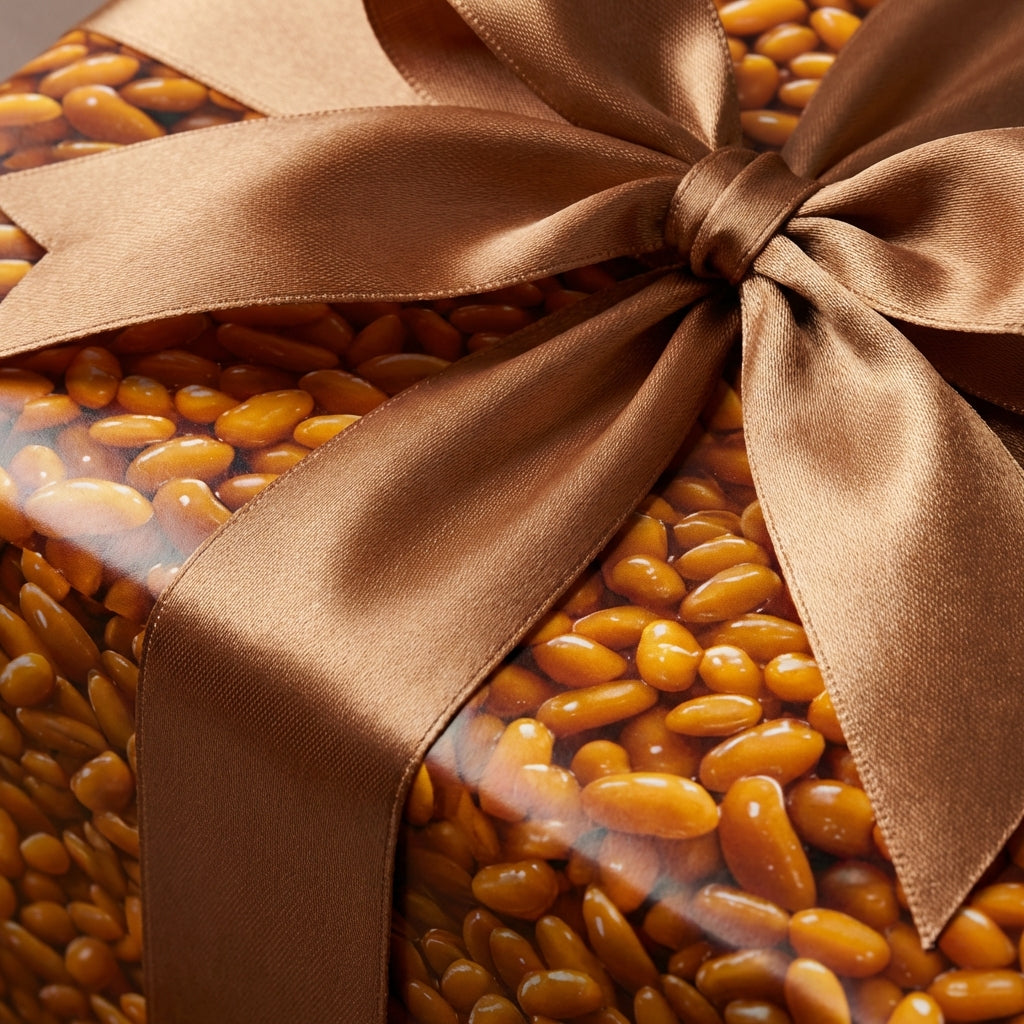 Unique pine nut pattern gift wrap with a luxurious brown satin ribbon tied into a bow.
