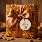 Unique gift wrap: A present covered in a pattern of kidney beans with a satin bow and "A Savory Gift" tag.