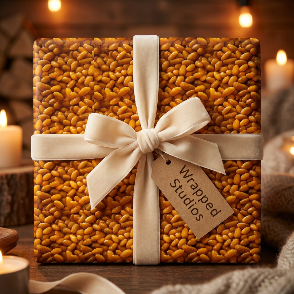 Rustic Christmas gift wrapped in amber pine nut patterned paper with ivory velvet ribbon.