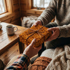 Person exchanging a gift wrapped in unique orange seed-patterned wrapping paper tied with a brown string bow.