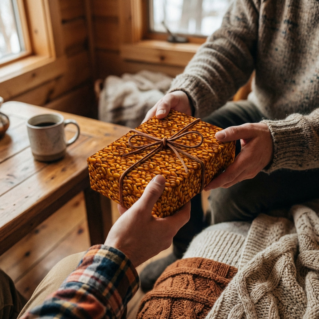 Person exchanging a gift wrapped in unique orange seed-patterned wrapping paper tied with a brown string bow.