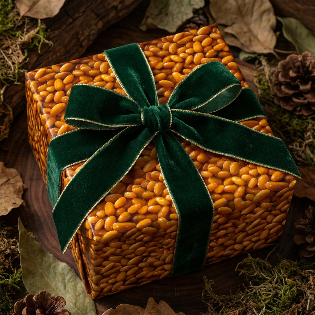 Luxury gift wrap featuring a unique pine nut pattern and an elegant green velvet ribbon.