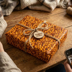 Rustic gift wrap mockup featuring a food-themed wrapping paper, twine bow, and wooden tag on a wooden table.