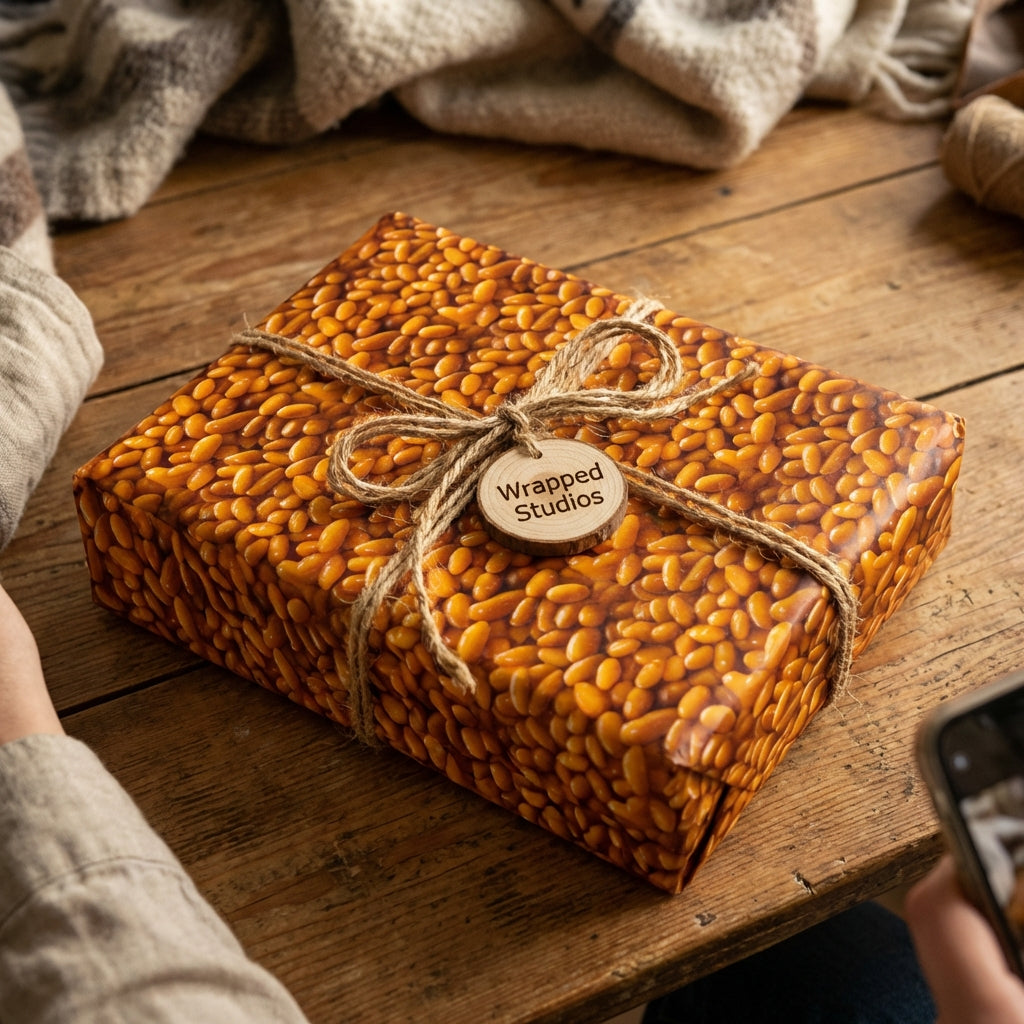Rustic gift wrap mockup featuring a food-themed wrapping paper, twine bow, and wooden tag on a wooden table.