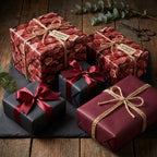Meat print wrapping paper gifts with twine and ribbon on a wooden table.