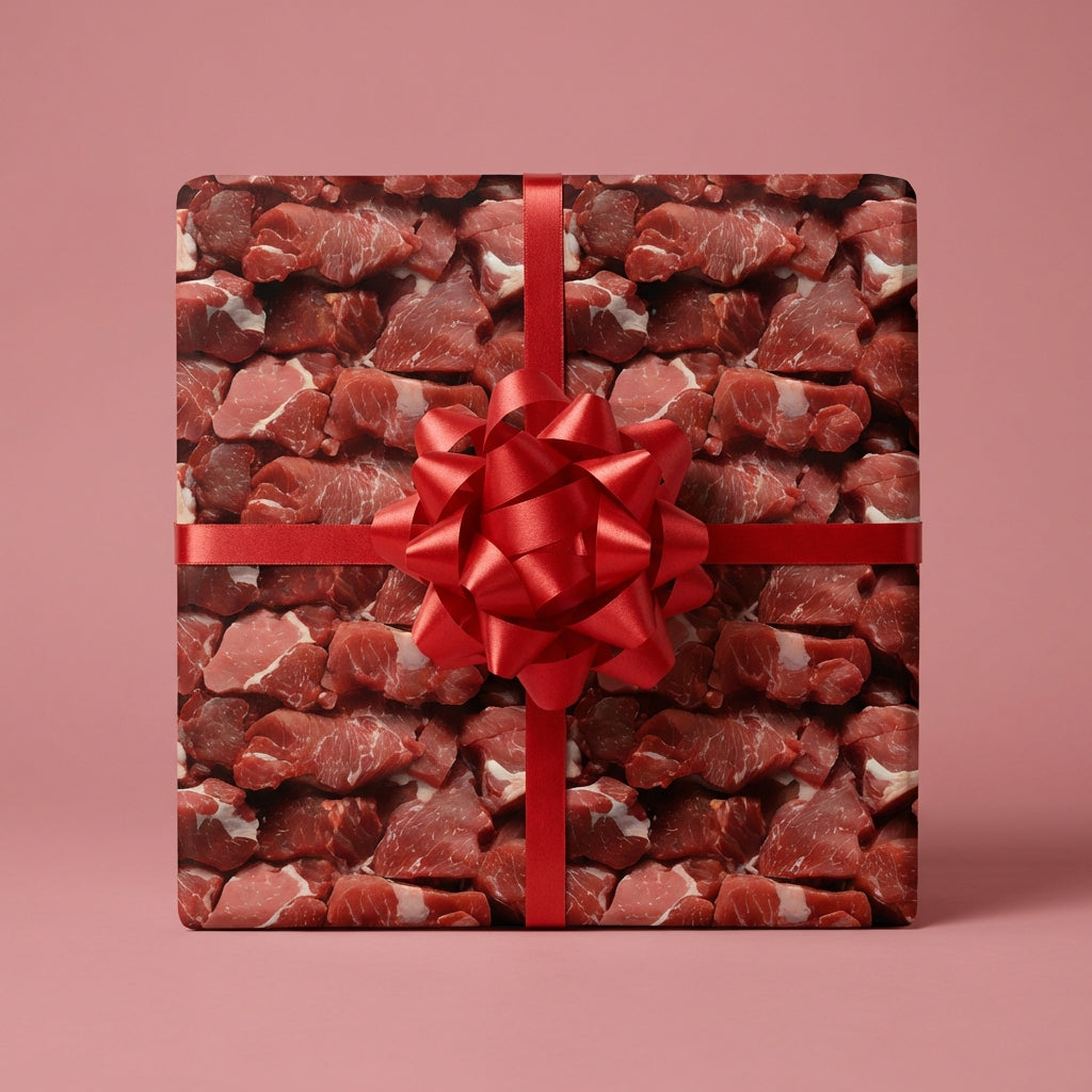 Square gift box in custom wrapping paper featuring meat pattern with a red ribbon and bow.