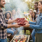Giving a gift wrapped in fun meat-patterned wrapping paper tied with baker's twine at a BBQ cookout.