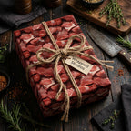 Raw meat print wrapping paper with twine bow for meat lovers.