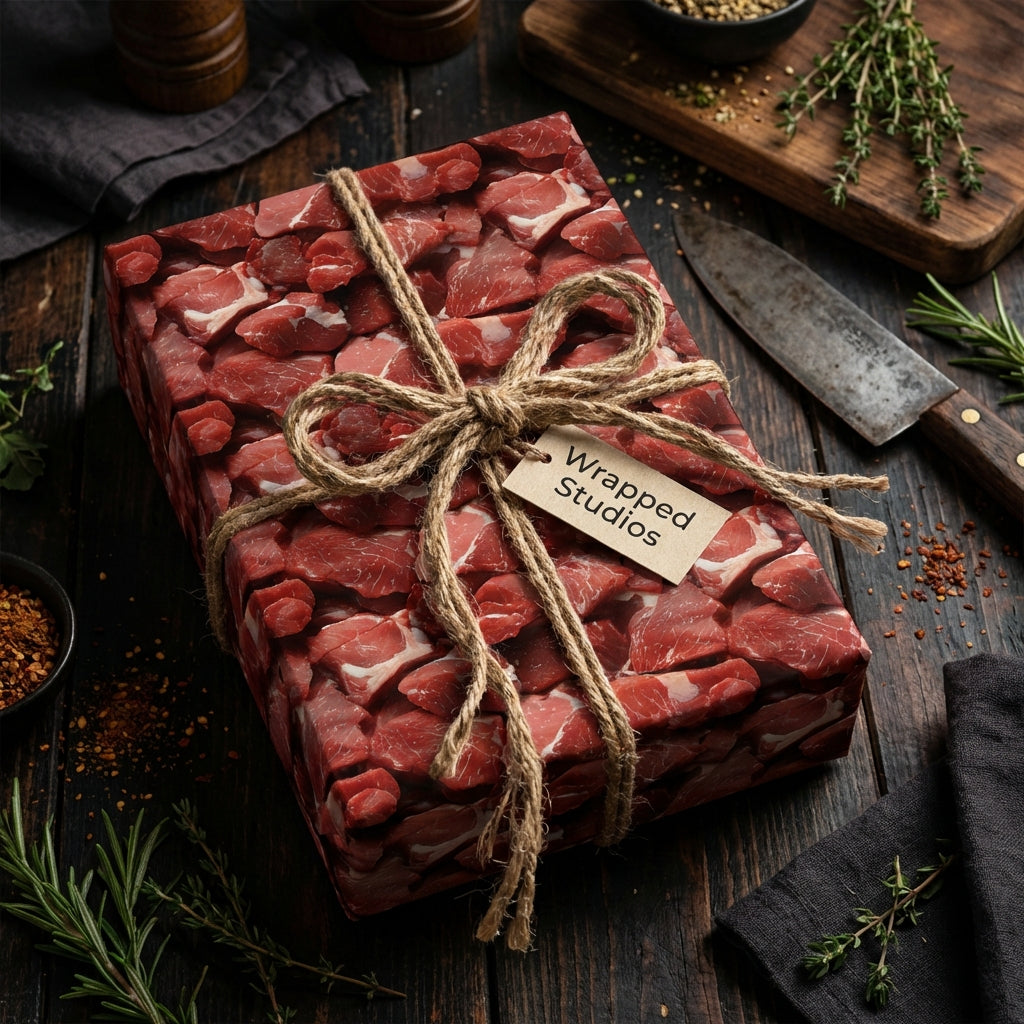 Raw meat print wrapping paper with twine bow for meat lovers.