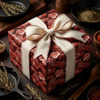 Meat-patterned novelty wrapping paper with tan ribbon, surrounded by herbs and spices.