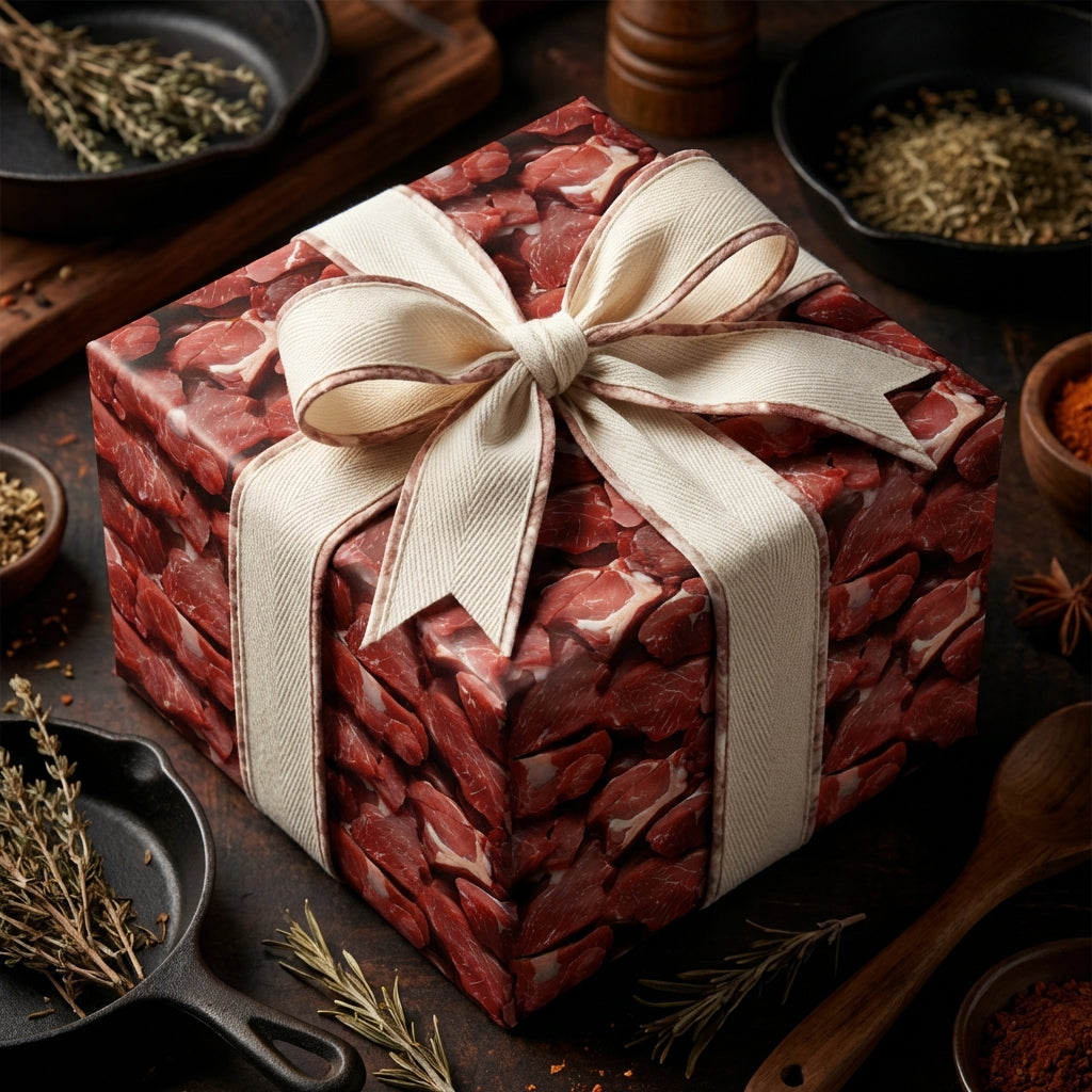 Meat-patterned novelty wrapping paper with tan ribbon, surrounded by herbs and spices.
