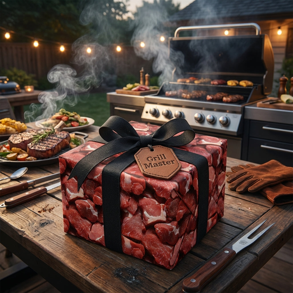 Grill Master gift wrap with black ribbon, steak pattern, for BBQ lovers.