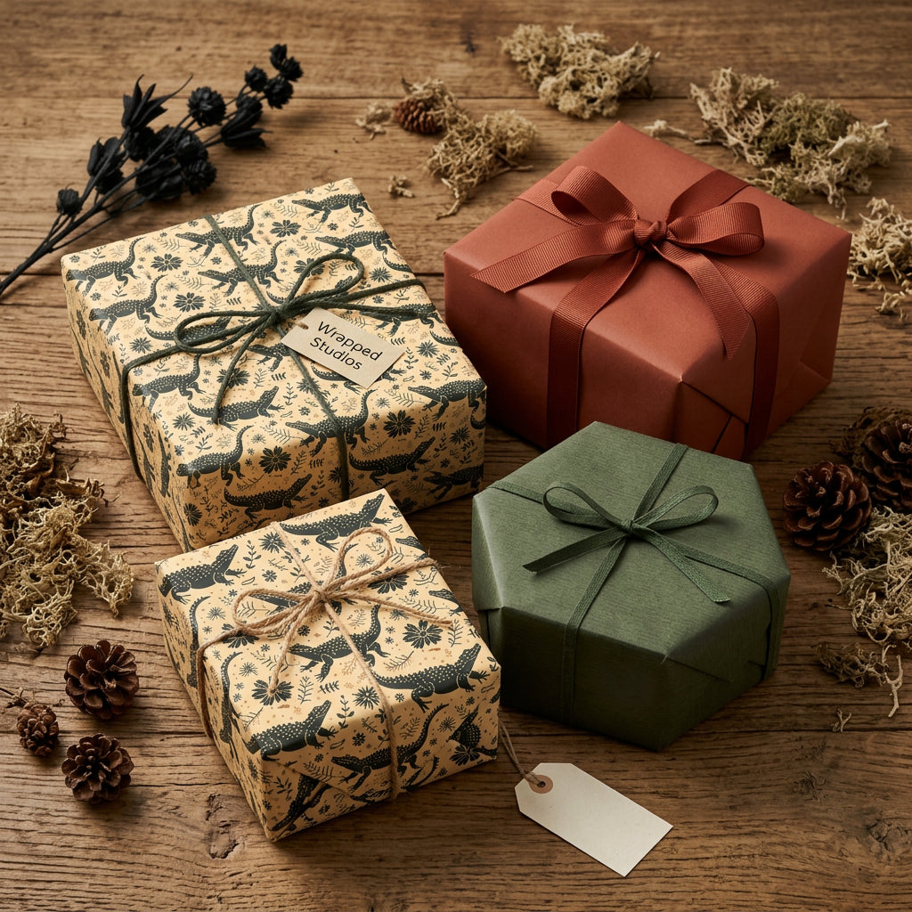 Rustic alligator print wrapping paper (tan/dark green) with string, solid green/terracotta gifts on wood. Wrapped Studios.