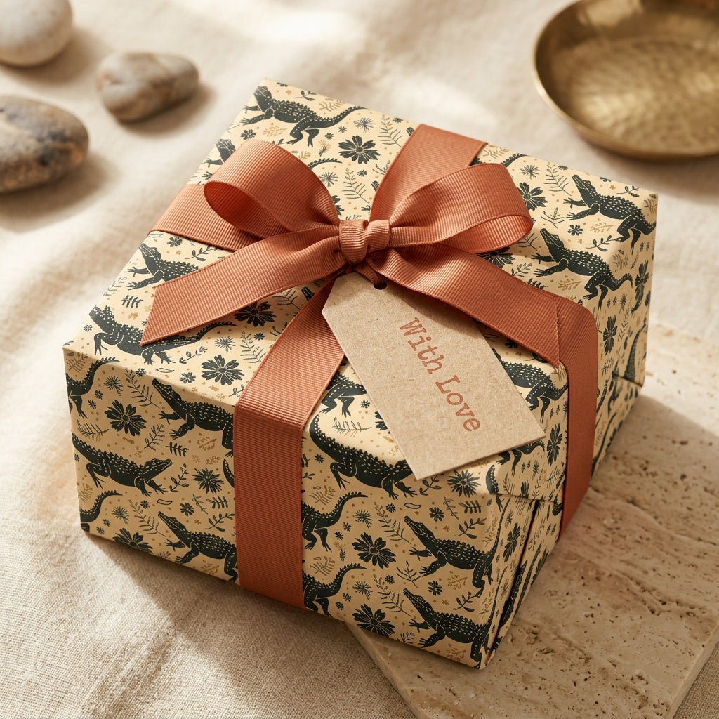 Elegant tan alligator pattern wrapping paper with dark green crocs, tied with a rust grosgrain bow & 'With Love' tag.
