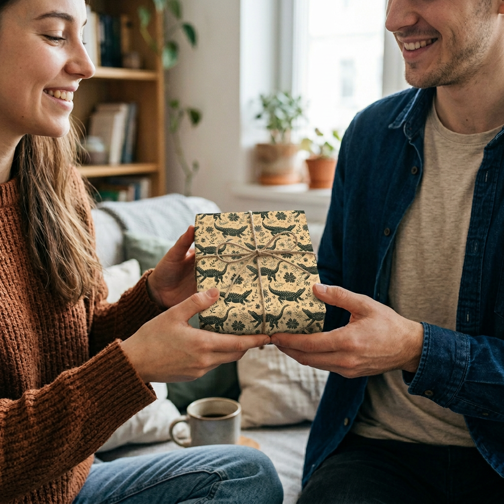 Playful alligator & dinosaur wrapping paper, dark green on khaki with jute twine. Ideal for birthday or baby shower gifts. Wrapped Studios.