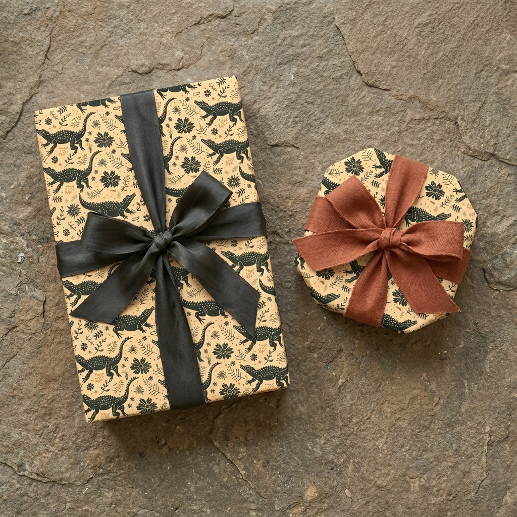 Tan alligator & botanical print wrapping paper with dark green details, tied with black and rust ribbons. Unique nature gift wrap.