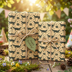 Wrapped Studios: Tan & dark green alligator pattern kids birthday wrapping paper with twine bow and 'Happy Birthday!' tag.