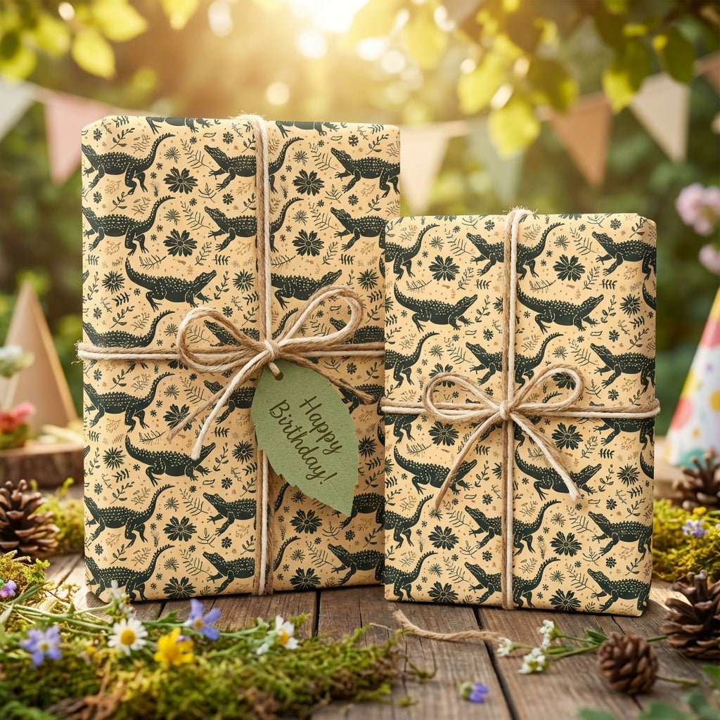 Wrapped Studios: Tan & dark green alligator pattern kids birthday wrapping paper with twine bow and 'Happy Birthday!' tag.