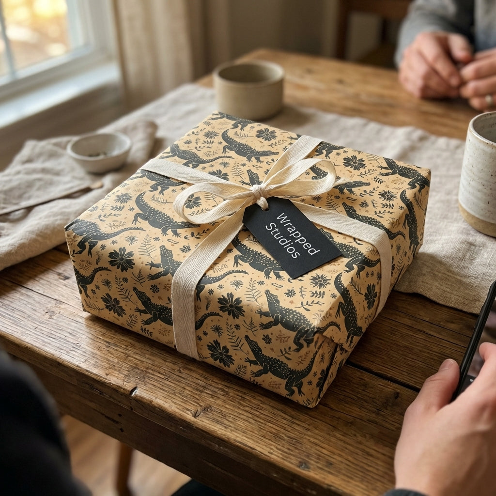 Unique alligator wrapping paper with kraft background and cream ribbon. Perfect animal print gift wrap by Wrapped Studios.