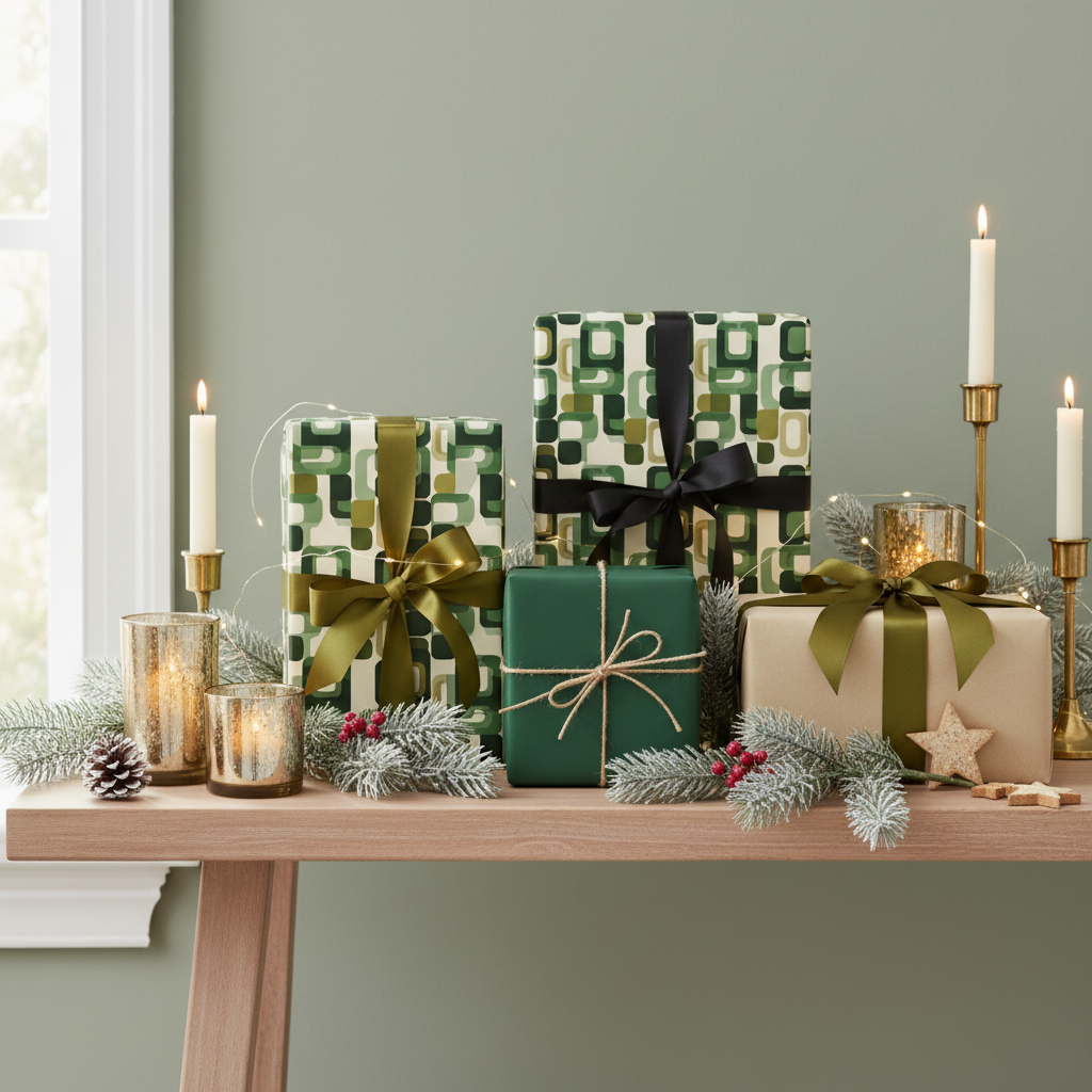 Elegant Christmas gift wrap: green geometric patterns, solid green with twine, gold ribbon on kraft paper.