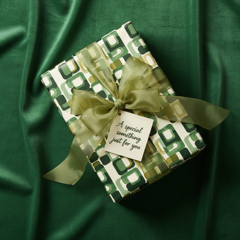 Olive green gift wrapped in retro geometric wrapping paper with a sheer ribbon and "A special something just for you" tag.