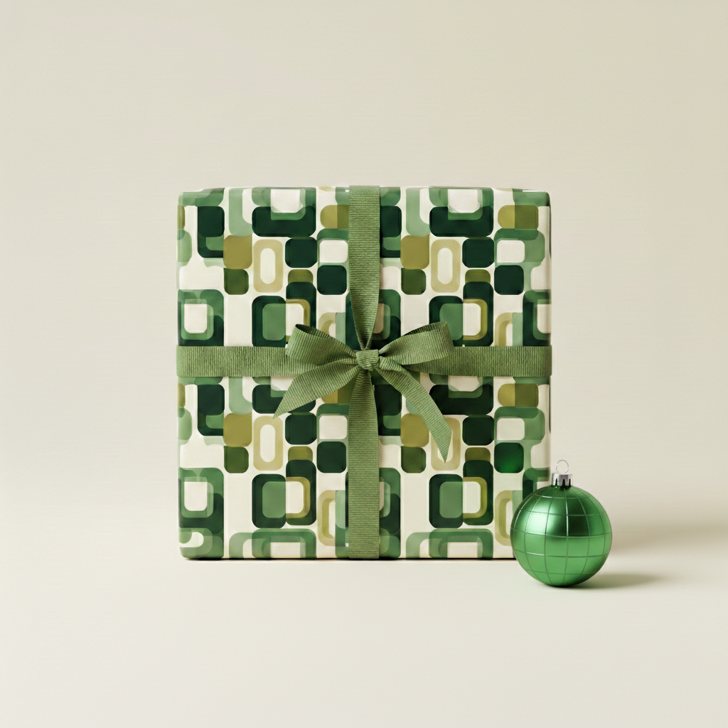 Green retro geometric wrapping paper with ribbon and ornament, perfect Christmas gift wrap.