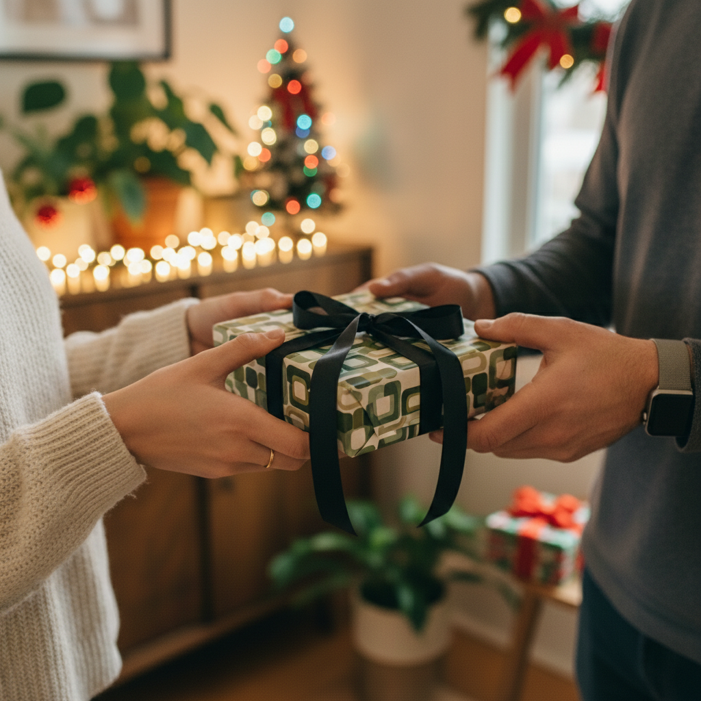 Exchanging a gift wrapped in modern green patterned wrapping paper with a black satin ribbon during the holidays.