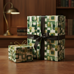 Retro green & ivory wrapping paper with geometric design and brown ribbon; stylish gift wrap for holidays or birthdays.