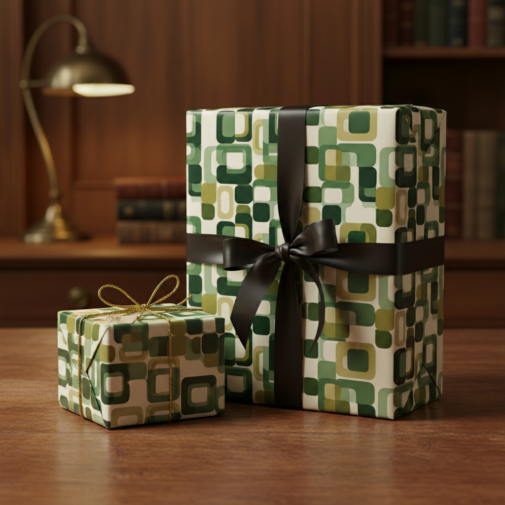 Retro green & ivory wrapping paper with geometric design and brown ribbon; stylish gift wrap for holidays or birthdays.