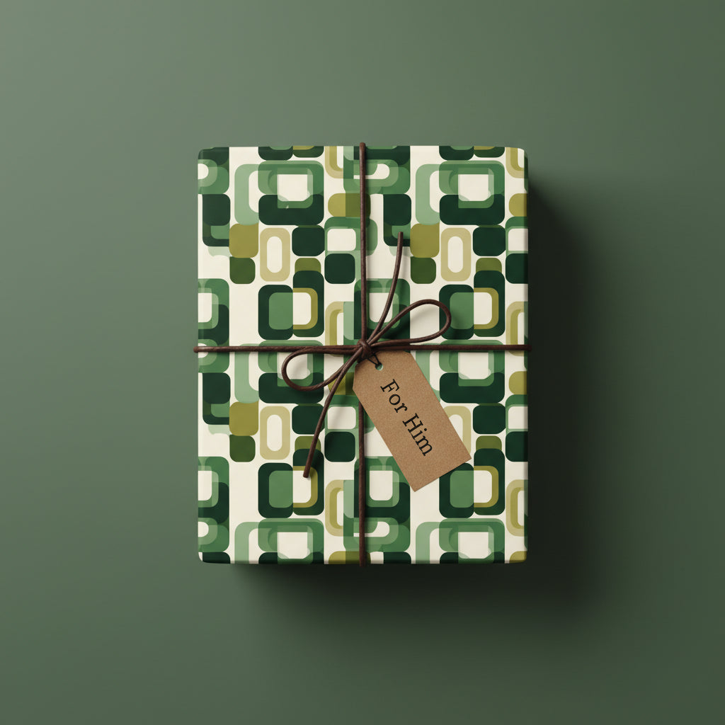 Gift wrapped in retro geometric wrapping paper with brown twine, tag reads "For Him".