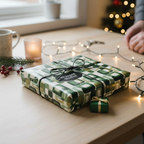 Retro-style green geometric wrapping paper on a gift box with a black ribbon and string, perfect for Christmas.