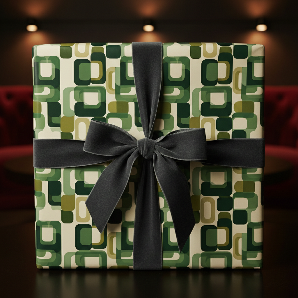 Retro gift with green geometric wrapping paper and gray velvet bow for birthdays and special occasions.