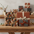 Elegant gift wrapping: Modern square pattern wrapping paper with neutral ribbons on wooden table.