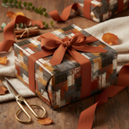 Rustic autumn gift wrap with brown ribbon, abstract design, perfect for fall birthday or Thanksgiving gifts.