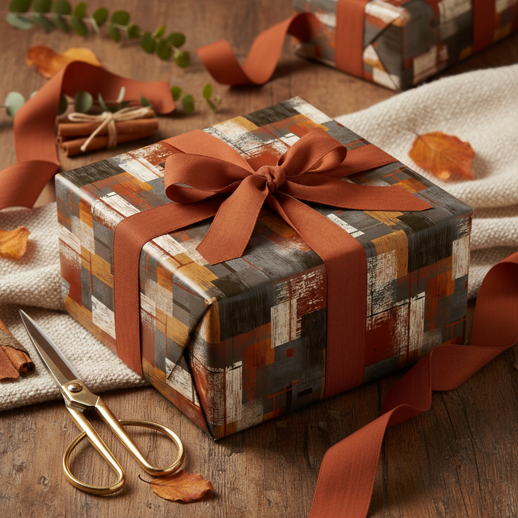 Rustic autumn gift wrap with brown ribbon, abstract design, perfect for fall birthday or Thanksgiving gifts.
