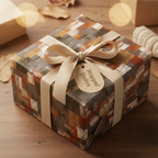 Modern wrapping paper with a brown geometric design, tied with a gold ribbon on a wrapped present.