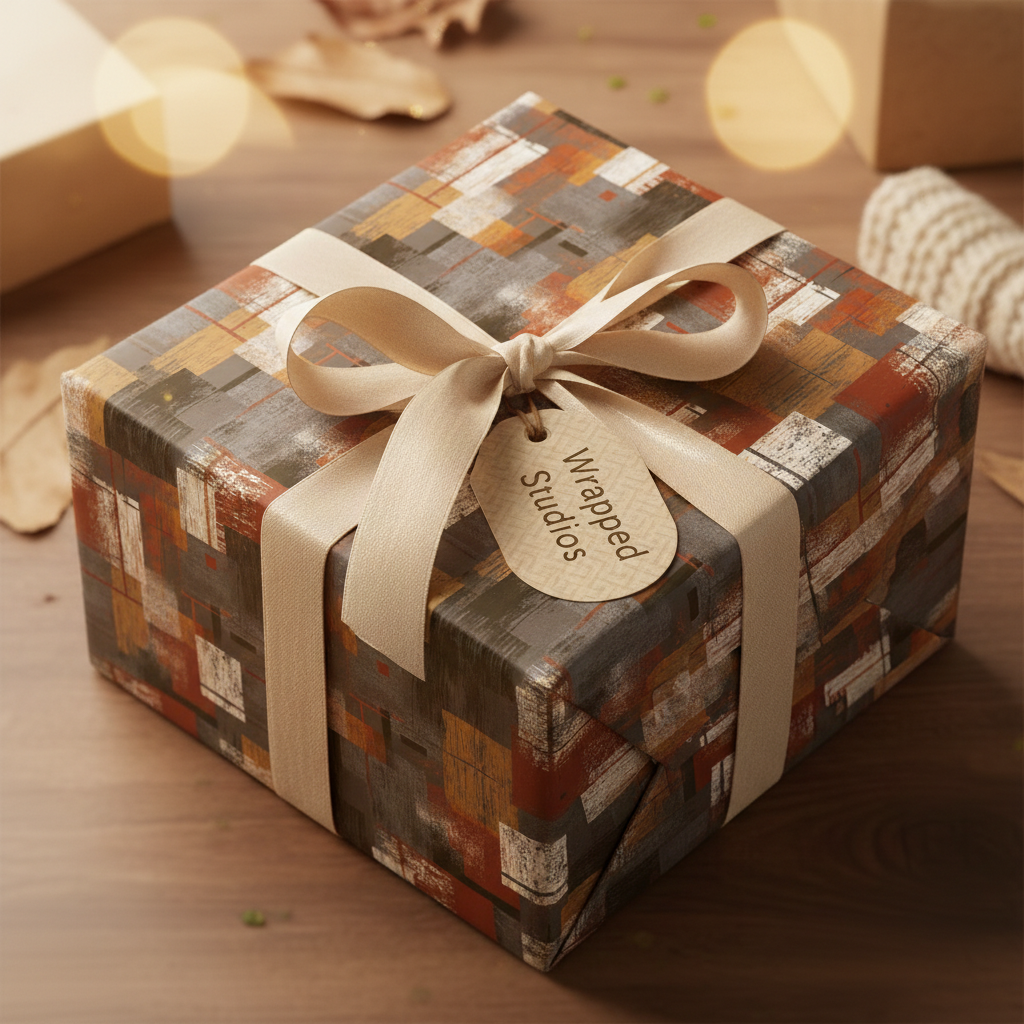 Modern wrapping paper with a brown geometric design, tied with a gold ribbon on a wrapped present.