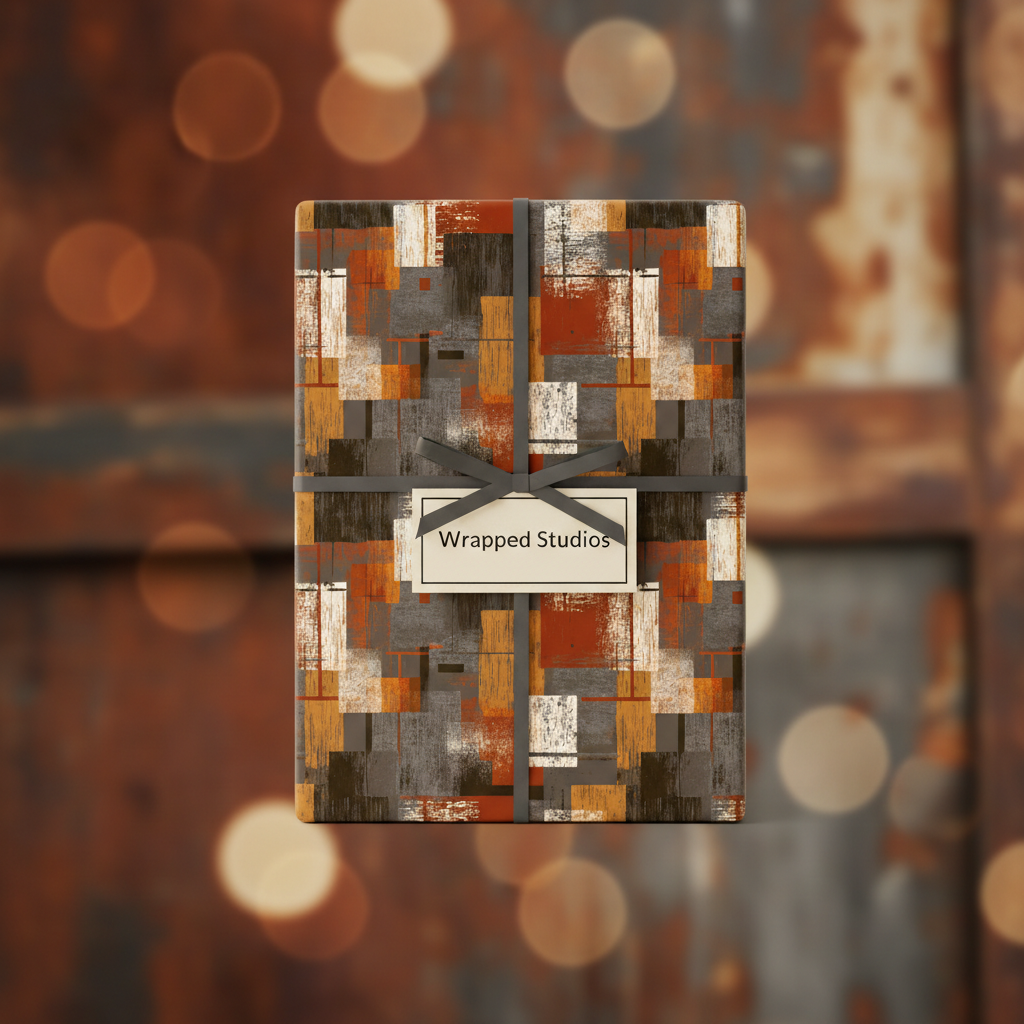 Modern rustic gift wrapped in abstract brown and grey paper with grey ribbon and bokeh background.