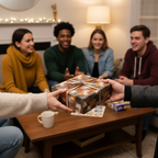 Friends exchanging a gift wrapped in modern patchwork wrapping paper with ribbon.