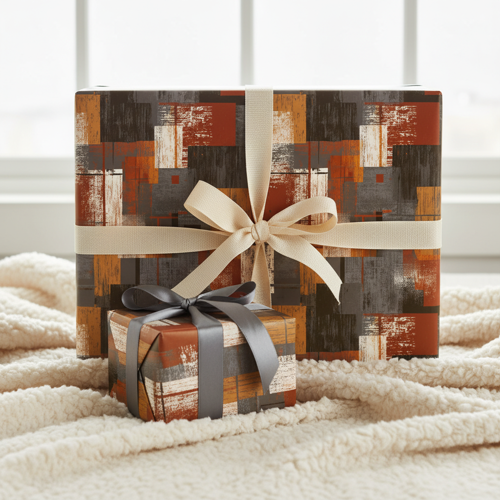 Modern geometric wrapping paper in brown, orange, and gray, tied with ribbon on gifts.