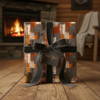 Modern rustic gift wrapped in geometric pattern paper with velvet ribbon and "For You" tag, perfect for holiday gifting.