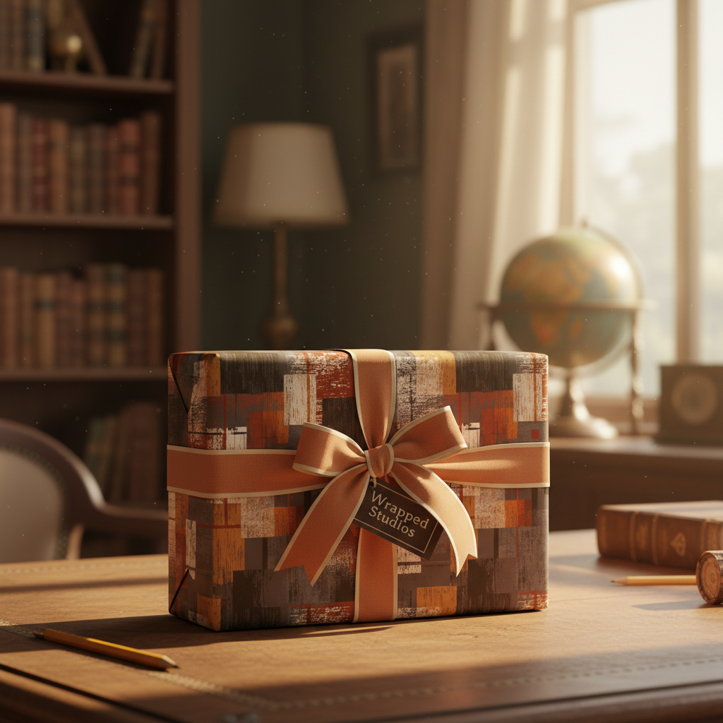 Elegant gift wrapped in modern geometric wrapping paper with a copper ribbon and bow.