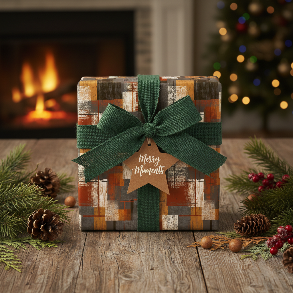 Rustic Christmas gift wrap with a green burlap ribbon and star tag, presented on a wooden table near a fireplace.
