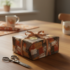 Modern wrapping paper featuring a brown geometric pattern, tied with a copper ribbon and a "joy" tag.